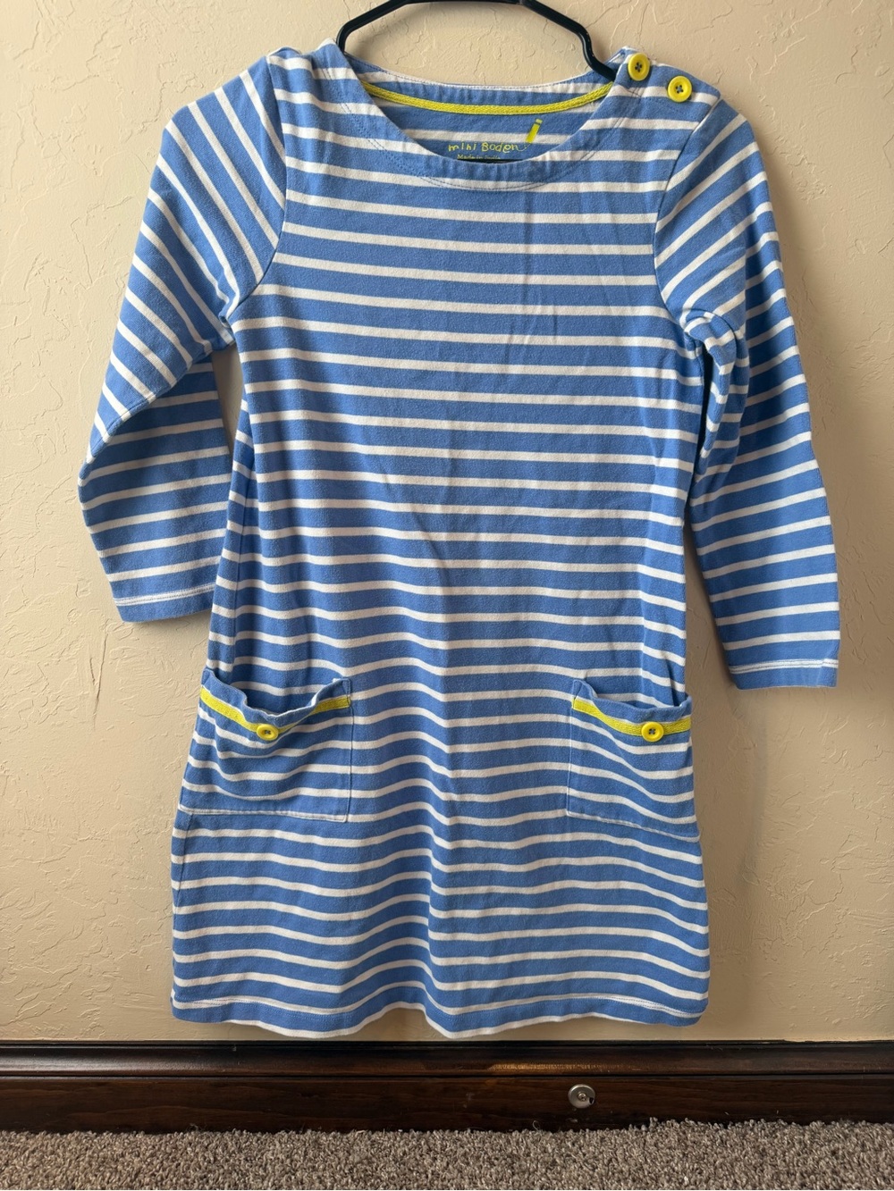 Mini Boden Girls Sailor A Line Dress Blue White Stripes Pockets Size 11-12